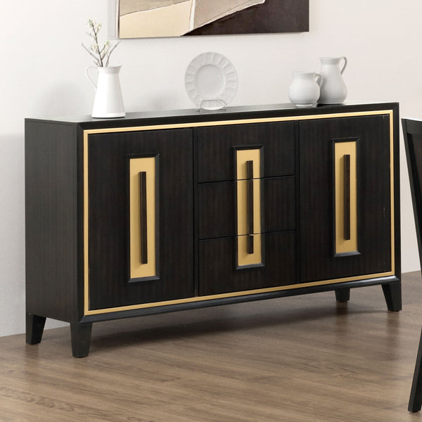 English Elm Espresso Contemporary Farmhouse Server 60"W with Wood Handles, Felt-Lined Dovetail Drawers, Gold Trim B2741P311026