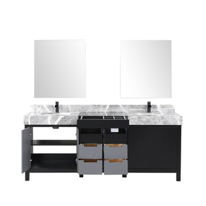 English Elm Black Double Bath Vanity 80" W With Castle Grey Marble Top, Matte Black Faucet & Stylish Mirrors B2731S01161
