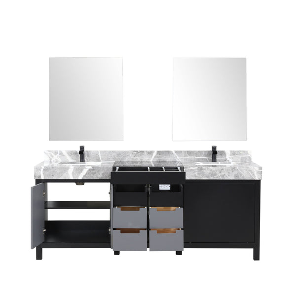 English Elm Black Double Bath Vanity 80" W With Castle Grey Marble Top, Matte Black Faucet & Stylish Mirrors B2731S01161
