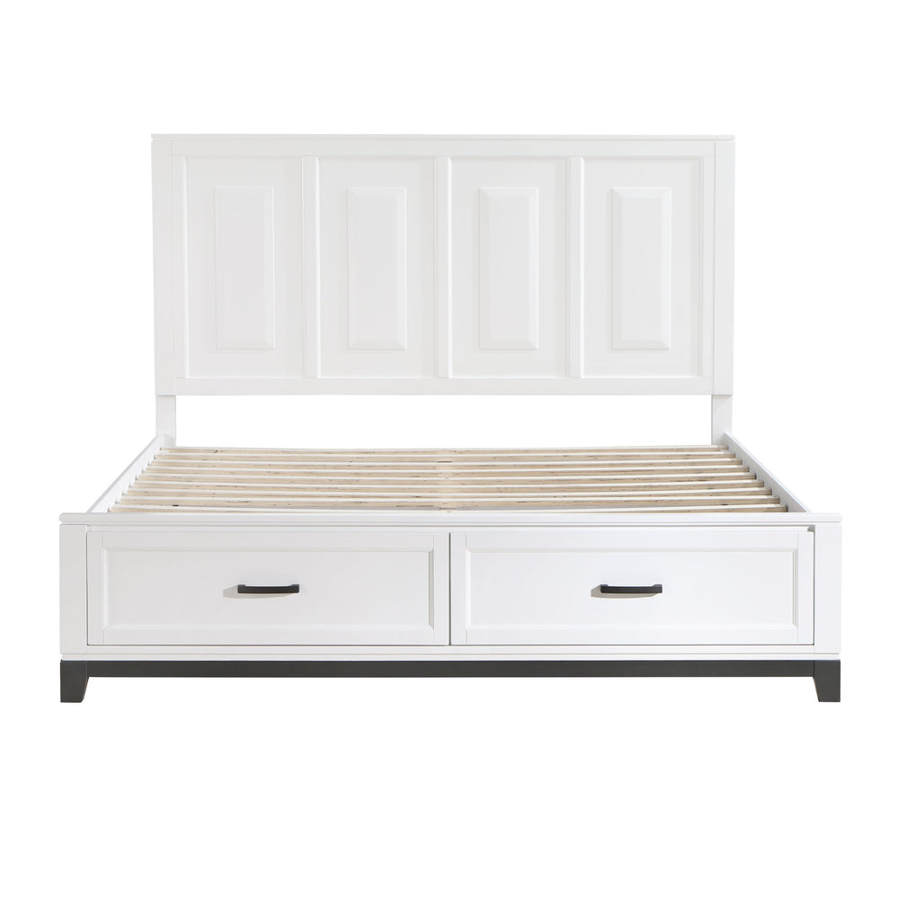 English Elm White King Platform Bed Tall Paneled Headboard Storage Drawers Solid Wood Frame B011S01494