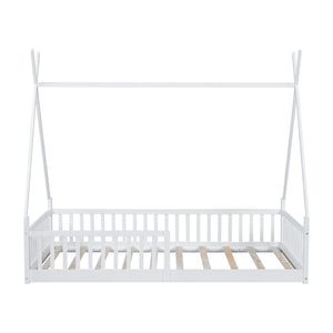 English Elm Twin House Bed with Roof and Fence for Kids – Sturdy Pine Frame, Vintage Wash Design, Safe Sleep Space White N709P183348K