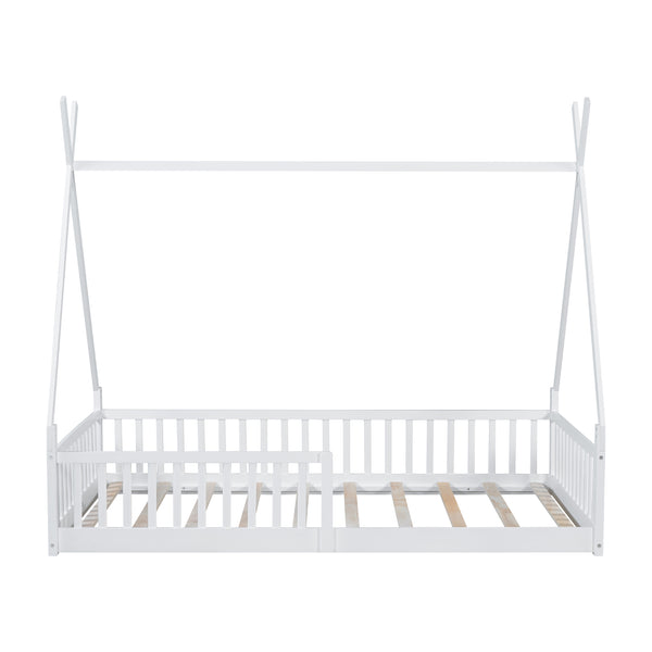 English Elm Twin House Bed with Roof and Fence for Kids – Sturdy Pine Frame, Vintage Wash Design, Safe Sleep Space White N709P183348K