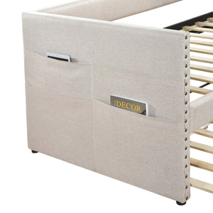 English Elm Modern Upholstered Daybed with Pull Out Trundle Nailhead Trim and Side Storage Pockets Beige B011P419489