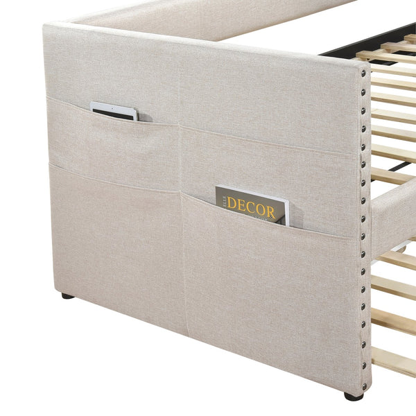 English Elm Modern Upholstered Daybed with Pull Out Trundle Nailhead Trim and Side Storage Pockets Beige B011P419489