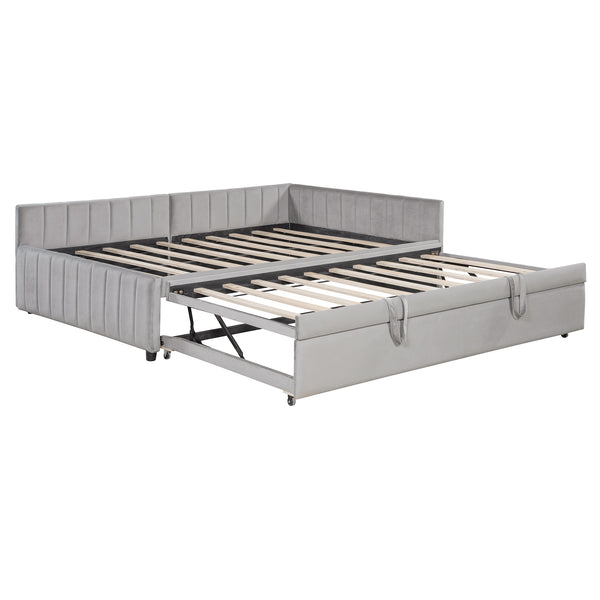 English Elm Full L-Shaped Upholstered Daybed with Twin Pop-Up Trundle, Vertical Stripe Design, Cozy Lounge Style (98) Gray SF000191AAE