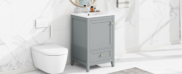 English Elm 20" Compact Bathroom Vanity Grey Mdf Cabinet Ceramic Sink Soft Close Storage N725P351851E