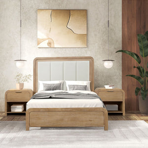 English Elm Queen Channel Tufted Upholstered Bed with Two Nightstands Natural Wood Bedroom Set B2741S00943