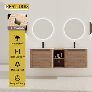 English Elm 60'' Wall-Mounted Vanity with White Ceramic Sink, Plywood Shelves, Soft-Close Door, Scratch & Water-Resistant Finish W999S00381