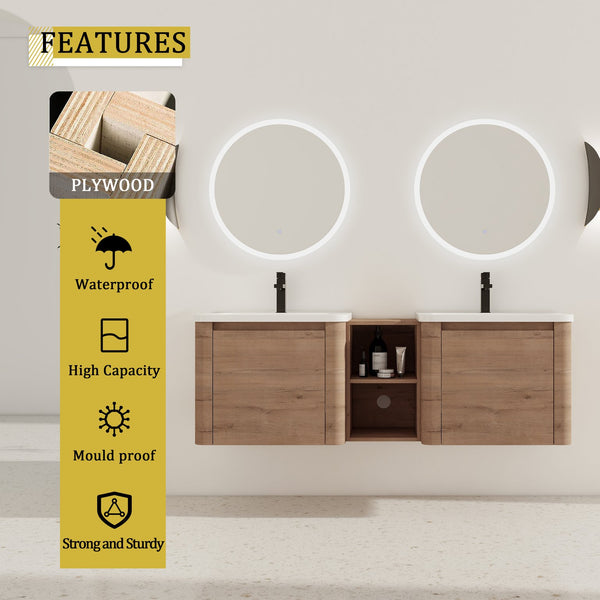 English Elm 60'' Wall-Mounted Vanity with White Ceramic Sink, Plywood Shelves, Soft-Close Door, Scratch & Water-Resistant Finish W999S00381