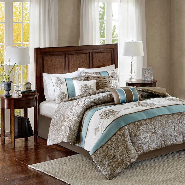 English Elm Jacquard Madison Park Caroline 7-Piece Comforter Set Queen with Paisley Embroidery, Brown Ivory Accents Blue 24.02 L x 18.9 W x 15.35 H B03596988