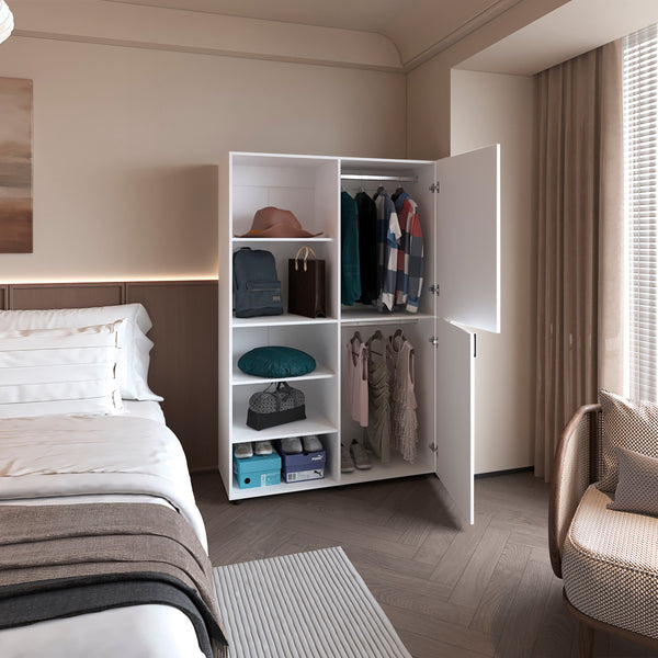 English Elm White Modern 2-Door Wardrobe with Open Shelves and Concealed Storage, Durable Melamine Finish, Space-Saving Design B062S01380