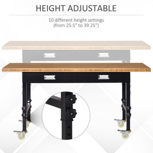 English Elm HOMCOM 59" Work Bench with Bamboo Top, Height Adjustable 10-Setting Mobile Workstation 1320lb W2225P217940