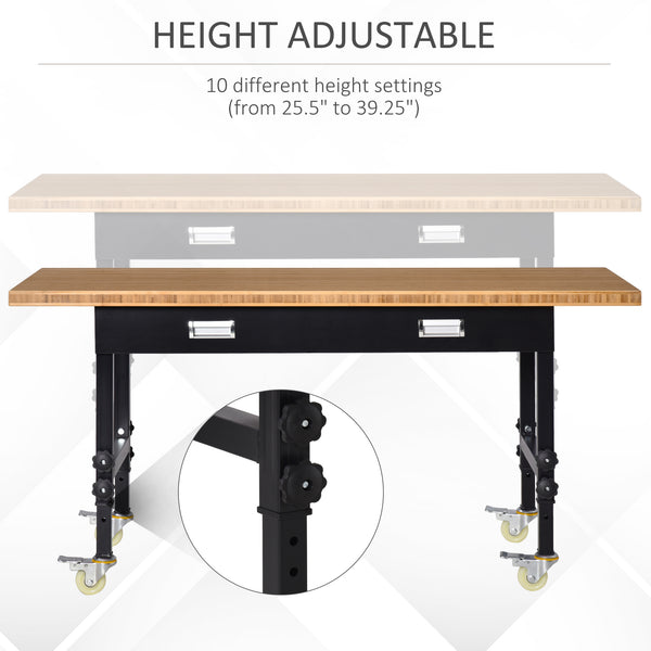 English Elm HOMCOM 59" Work Bench with Bamboo Top, Height Adjustable 10-Setting Mobile Workstation 1320lb W2225P217940