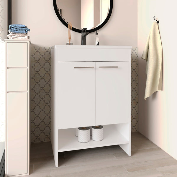 English Elm Lorenzo 60 cm White Floor Vanity with 4 Drawers & 2 Open Shelves — Compact Kronos Finish, Freestanding Storage B200P362050