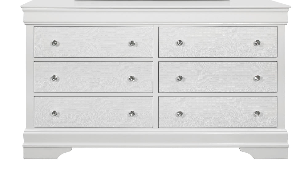 English Elm SHAKER Crocodile Textured Chest with Crystal Hardware, Solid Wood & MDF, Contemporary Tapered Legs White 61.42 L x 18.9 W x 36.22 H B201P215905