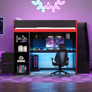 English Elm Gaming Full Loft Bed with Built-in Desk Led Lights and Storage for Teen Rooms N709P004103J