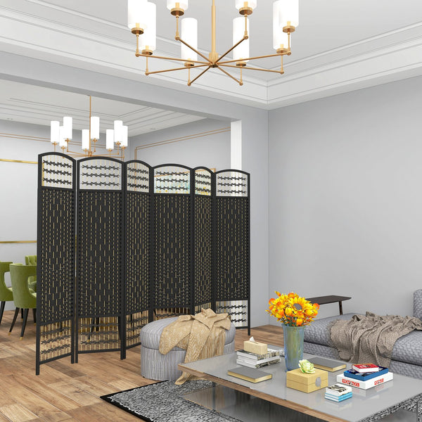 English Elm HOMCOM 6-Panel Folding Room Divider with Woven Bamboo & Paper Rope Design, 67" Tall Privacy Screen Black W2225P229264