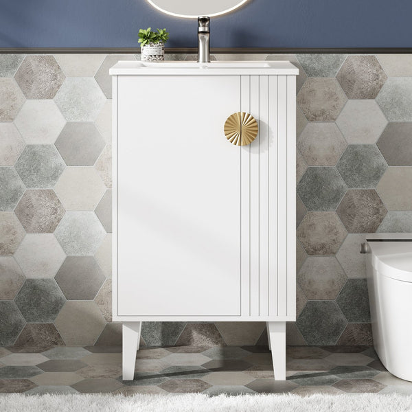 English Elm 20-inch French Style Bathroom Vanity with Integrated Ceramic Sink, Carved Accents & Soft-Close Door White N710P330971K