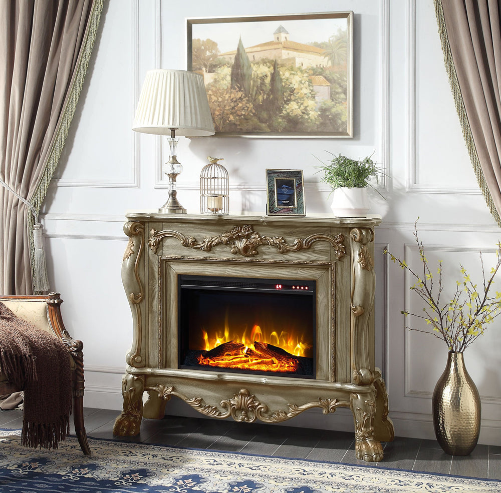 English Elm Dresden Ornate Gold Patina Fireplace with Floral Moldings, Claw Feet, Remote, Touch Panel Timer B2726P280182