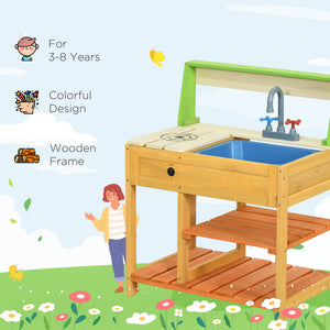 English Elm Outsunny Solid Fir Wood Kids Outdoor Mud Kitchen Playset with Sink Faucet Shelves W2225P200780