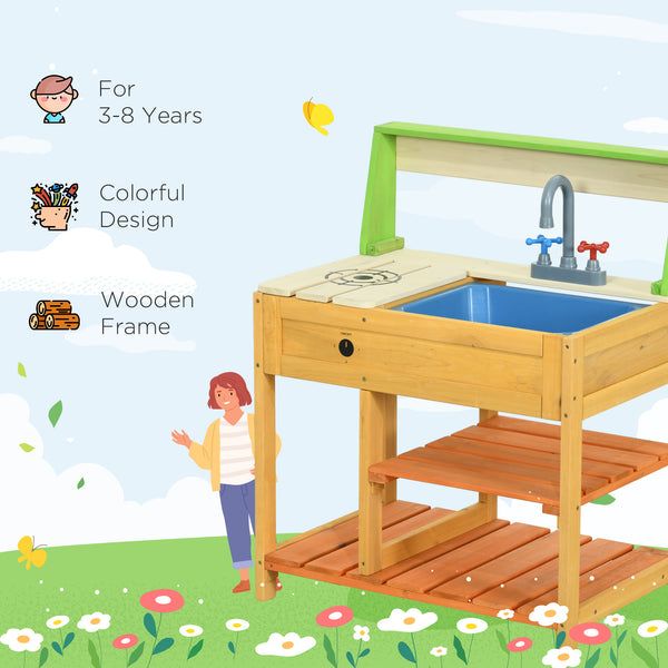 English Elm Outsunny Solid Fir Wood Kids Outdoor Mud Kitchen Playset with Sink Faucet Shelves W2225P200780