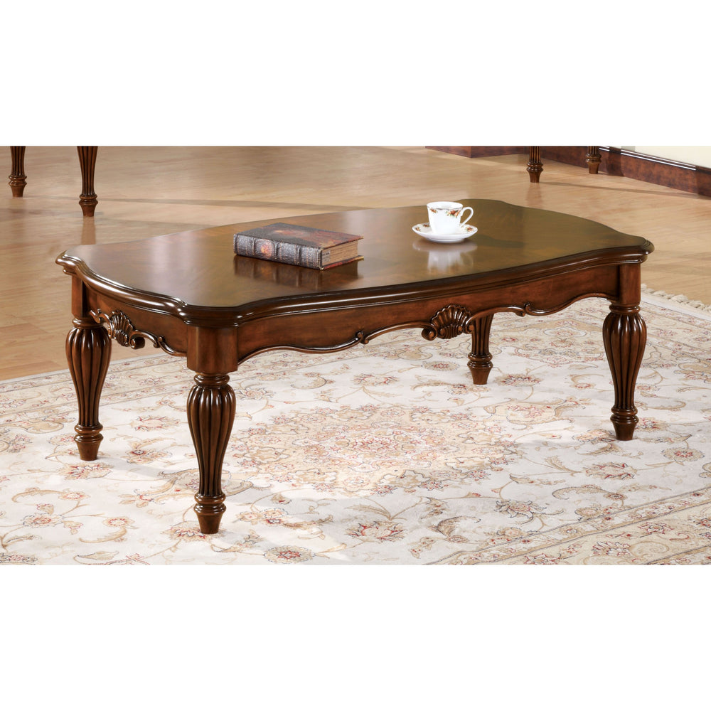 English Elm Cherry Elegant Rectangle Coffee Table with Turned & Fluted Legs, Spacious Top, Classic Cherry Finish, Timeless Living Room Centerpiece B062P189098