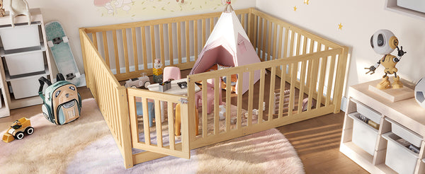 English Elm Twin Floor Bed Pine Wood Frame with Guardrails and Door for Safe Toddler Sleep Natural W1580P417671