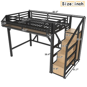 English Elm Twin Metal Loft Bed with Wardrobe Shelves Storage Stairs Led Lighting Usb Ports W1580S00404
