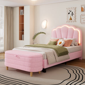 English Elm 2-Pieces Bedroom Sets Twin Size Flower-Shaped Upholstered Led Platform Bed With Storage Ottoman-Sherpa Fabric, Pink