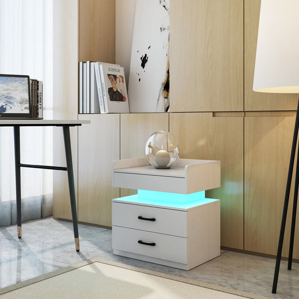 English Elm 1 Set Led Strip Nightstand with 2 Drawers Open Shelf Contemporary Bedside Storage White W578P462505