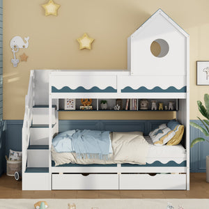 English Elm Twin Over Kids Bunk Bed with Castle Roofline Led Lights and Staircase Storage White N820S00068K