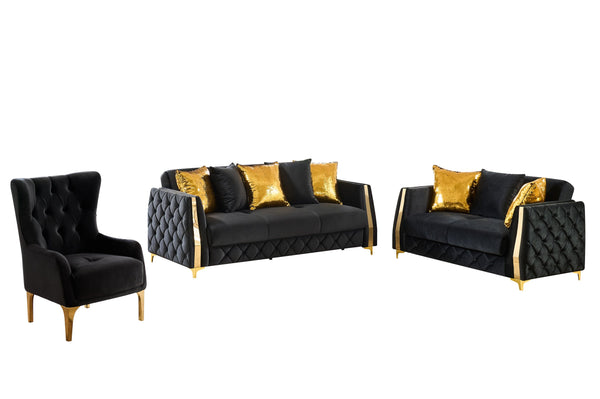 English Elm Lippa 3 Piece Quilted Tufted Living Room Set with Sleeper Storage and Gold Legs Black B009S02236