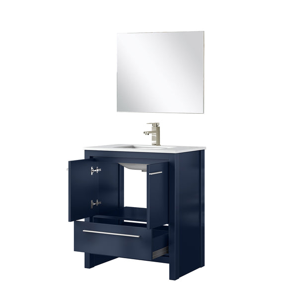 English Elm Navy Blue Bath Vanity Set With White Quartz Top, Brushed Nickel Faucet & 28" Mirror For Stylish Spaces B2731S02044
