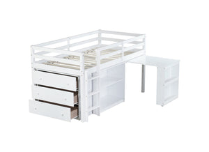 English Elm Twin Loft Bed With Storage Cabinets, Pull-Out Desk & Safety Guardrail - Modern Rubberwood Design W504S00202-GIGA