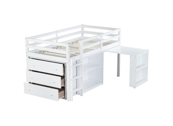 English Elm Twin Loft Bed With Storage Cabinets, Pull-Out Desk & Safety Guardrail - Modern Rubberwood Design W504S00202-GIGA