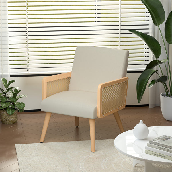 English Elm Accent Chair Mid-Century Rattan Arms Set of 2 with Rubber Wood Legs, Plush Fabric Seat, Cozy Lounge Beige T3950P394498