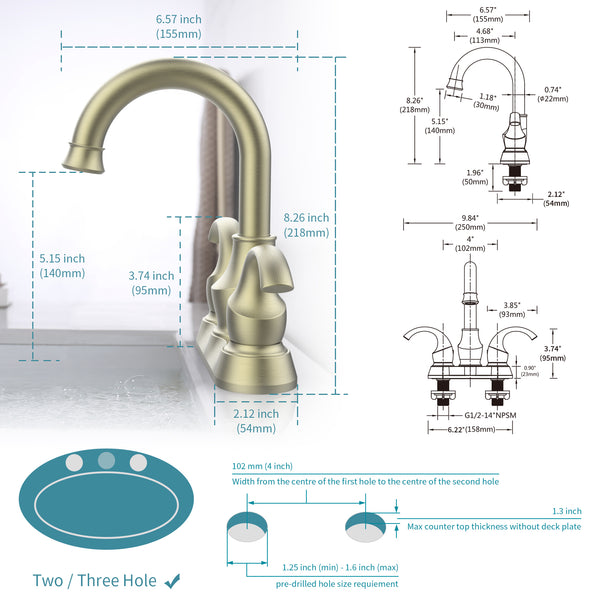 English Elm Bathroom Faucet 2-Handle Brushed Gold - 360° Spout, Crescent Moon Design, Easy Installation Kit Included T3177P277486