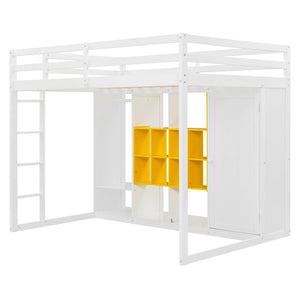 English Elm Twin Loft Bed with Wardrobe Shelves and Cabinet Kids Bedroom Wood Storage Frame Yellow+White N708S00024K