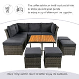 English Elm Patio Furniture Set, 10 Piece Outdoor Conversation Set, Coffeetable With Ottomans, Solid Wood Coffee Table