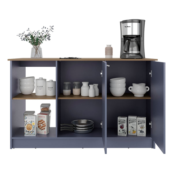 English Elm Kronos Modern Blue And Natural Oak Kitchen Island With Ample Storage, Open Shelves, And Stylish Design B062S01387