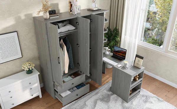 English Elm Multifunctional Wardrobe Cabinet with Fold Out Desk Hanging Rod and Storage Drawers Gray W1580S00476