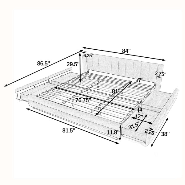 English Elm King Chenille Upholstered Platform Bed with Storage Drawers and Structured Headboard Dark Gray W487S00415