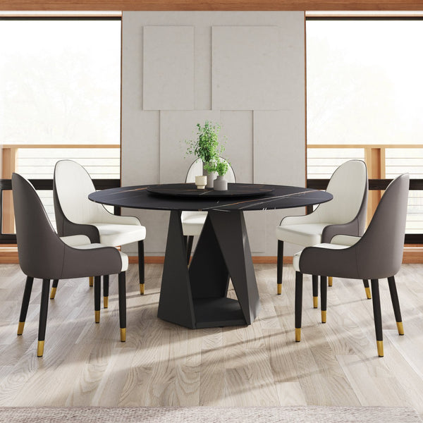 English Elm 59.05" Round Marble Dining Table With Black Iron Base, Elegant Turntable, Seats 6-8, Durable Design W1535S00404