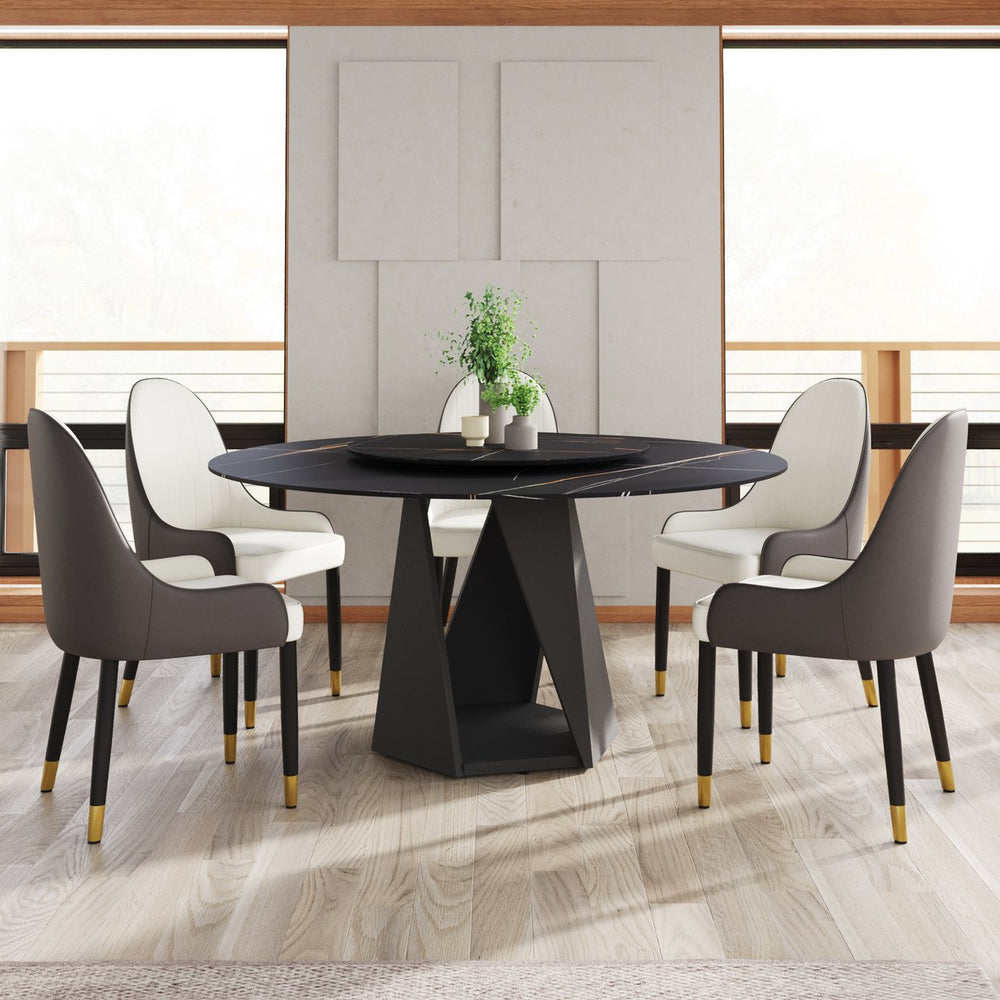 English Elm 59.05" Round Sintered Stone Dining Table Iron Pedestal Base Seats Eight with Turntable W1535S00641