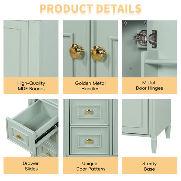 English Elm 36 Inch Freestanding Bathroom Vanity Sage Pine Cabinet Gold Hardware Ceramic Sink Green N725P366468G