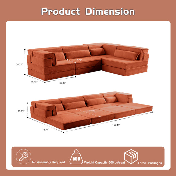 English Elm Compression Mahjong Sofa: Cozy Modular Floor Bed With Memory Foam & 4 Pillows, No Assembly, Orange W3723S00030
