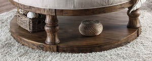 English Elm Rustic Round Wooden Coffee Table 48" Dia x 20" H with Weathered Finish, Turned Legs, Open Shelf and Button-Tufted Beige Linen Top Antique Dark Oak 51 L x 51 W x 13 H B2741P357496