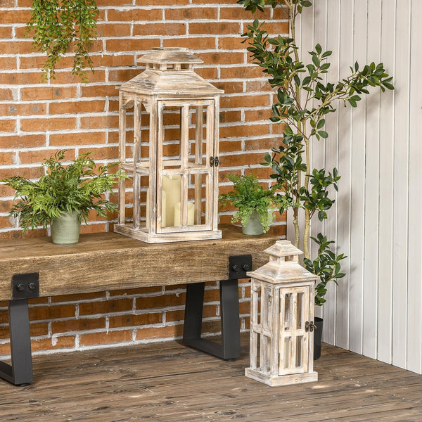 English Elm Homcom Fir Wood Rustic Lantern Set of Two Farmhouse Decor for Mantel or Porch W2225P217278