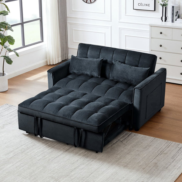 English Elm 3 Convertible Sleeper Sofa Bed Velvet Loveseat Futon with Pull-Out Bed, Adjustable Back, Storage Pockets Black W2121P179227