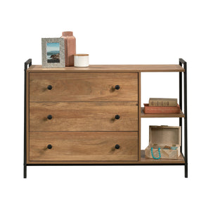 English Elm Dresser, Modern Brown Finish With Industrial Metal Frame And Open Shelves For Stylish Storage Solutions B356P367907